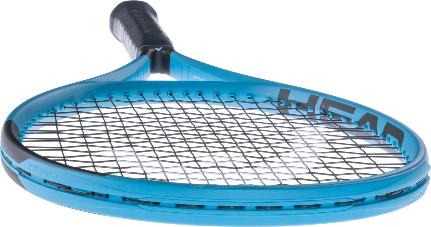 A HEAD Boom MP 2026 Tennis Racket in blue with black strings and handle, photographed from a low angle with the head forward. The frame features the "HEAD" branding and a dynamic, power-inspired design.
