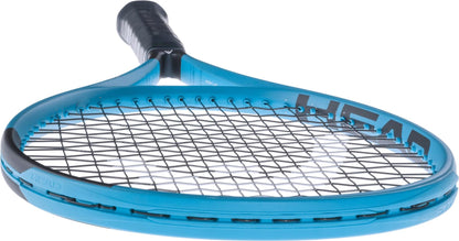 A HEAD Boom MP 2026 Tennis Racket in blue with black strings and handle, photographed from a low angle with the head forward. The frame features the "HEAD" branding and a dynamic, power-inspired design.