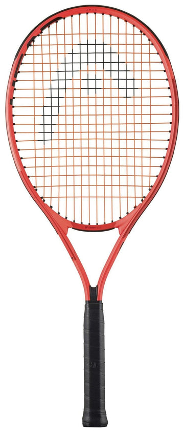 The HEAD Radical Junior 26 2025 Tennis Racket by HEAD features black strings and a black grip, with a large curved black line on the stringbed. Photographed against a white background, it’s ideal for junior players.