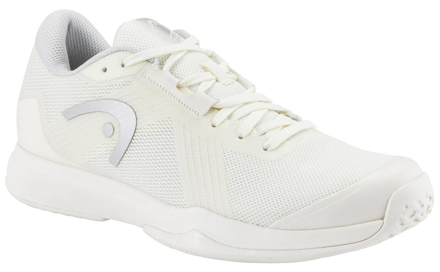 The HEAD Sprint Team 4.0 Womens Tennis Shoes in Chalk White/Light Grey feature mesh fabric, white laces, and a subtle grey logo—lightweight athletic shoes by HEAD, shown angled against a plain white background.