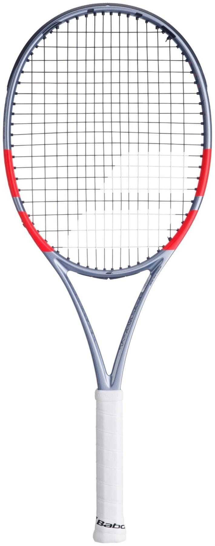 The Babolat Pure Strike Lite Gen4 Tennis Racket in Carbon Grey features a lightweight frame and a white grip handle, shown with black strings against a white background.