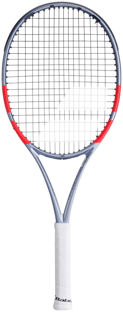 The Babolat Pure Strike Lite Gen4 Tennis Racket in Carbon Grey features a lightweight frame and a white grip handle, shown with black strings against a white background.