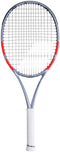 The Babolat Pure Strike Lite Gen4 Tennis Racket in Carbon Grey features a lightweight frame and a white grip handle, shown with black strings against a white background.