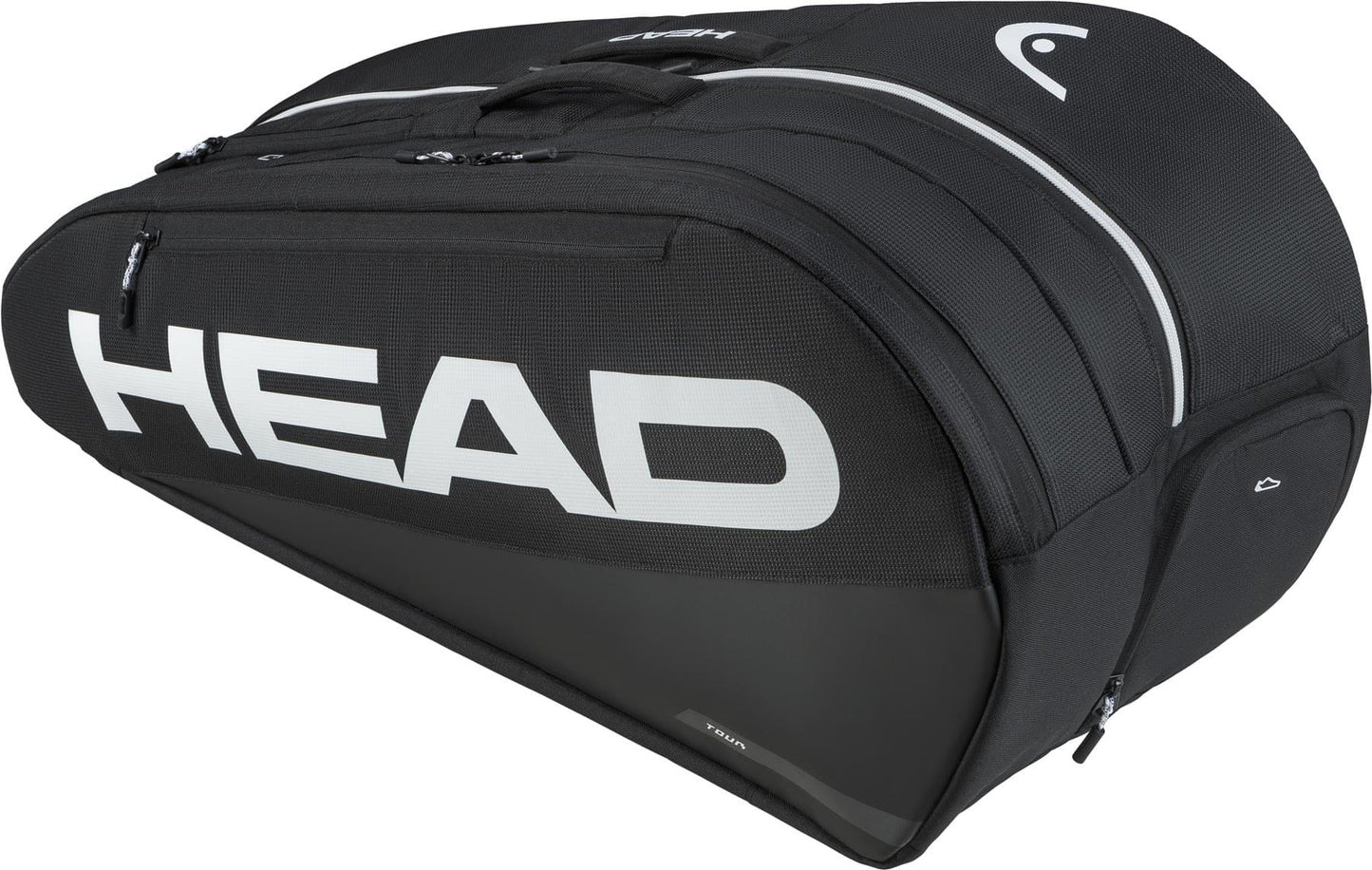 The HEAD Tour 9 Racket Tennis Bag L - Black by HEAD features white branding, multiple zippers, and compartments to organize your rackets and gear.