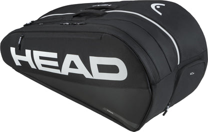 The HEAD Tour 9 Racket Tennis Bag L - Black by HEAD features white branding, multiple zippers, and compartments to organize your rackets and gear.
