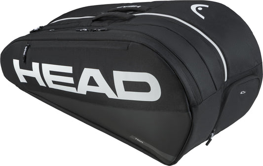 The HEAD Tour 9 Racket Tennis Bag L - Black by HEAD features white branding, multiple zippers, and compartments to organize your rackets and gear.