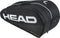 The HEAD Tour 9 Racket Tennis Bag L - Black by HEAD features white branding, multiple zippers, and compartments to organize your rackets and gear.