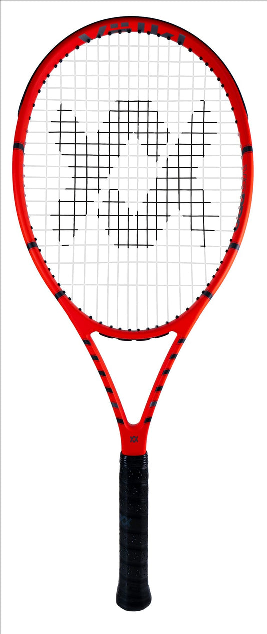 The Volkl V8 Pro 2022 tennis racket, with a red frame, is crafted from carbon fibre graphite. Its sporty design is highlighted by a white string pattern forming a logo at its center and complemented by a comfortable black grip on the handle.