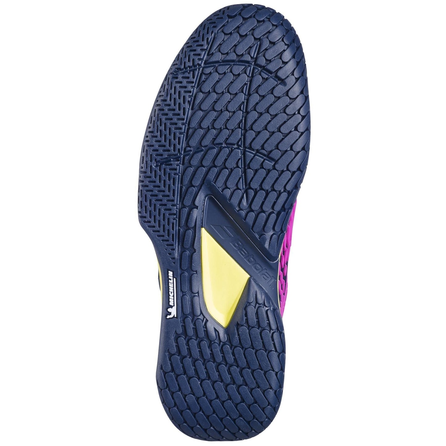 Close-up of a Babolat Propulse Fury 3 2024 men's tennis shoe sole, showcasing a textured pattern in dark blue. The sole includes shock absorption segments in pink and yellow, with branded text visible near the yellow section, making it an excellent choice for tennis shoes.