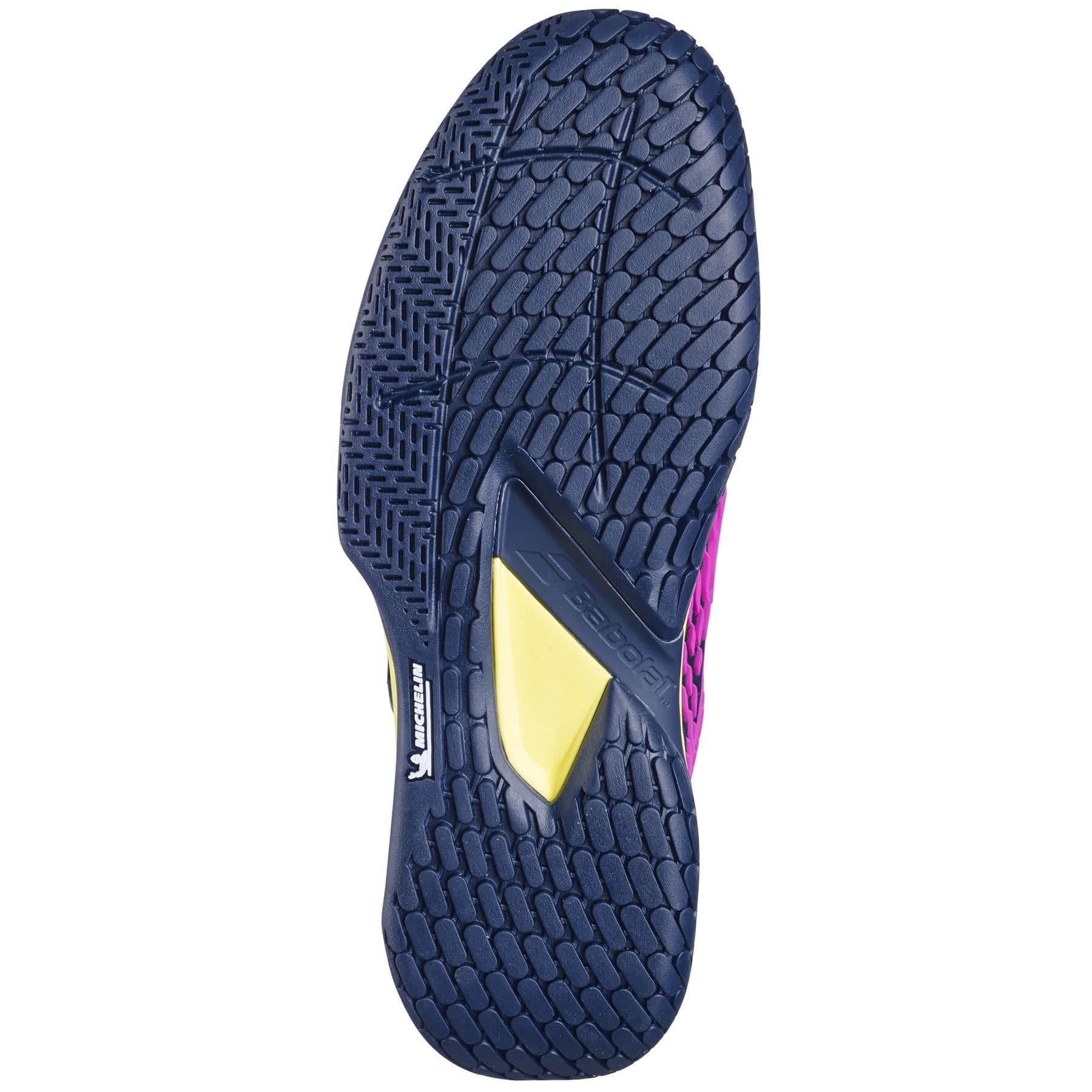 Close-up of a Babolat Propulse Fury 3 2024 men's tennis shoe sole, showcasing a textured pattern in dark blue. The sole includes shock absorption segments in pink and yellow, with branded text visible near the yellow section, making it an excellent choice for tennis shoes.