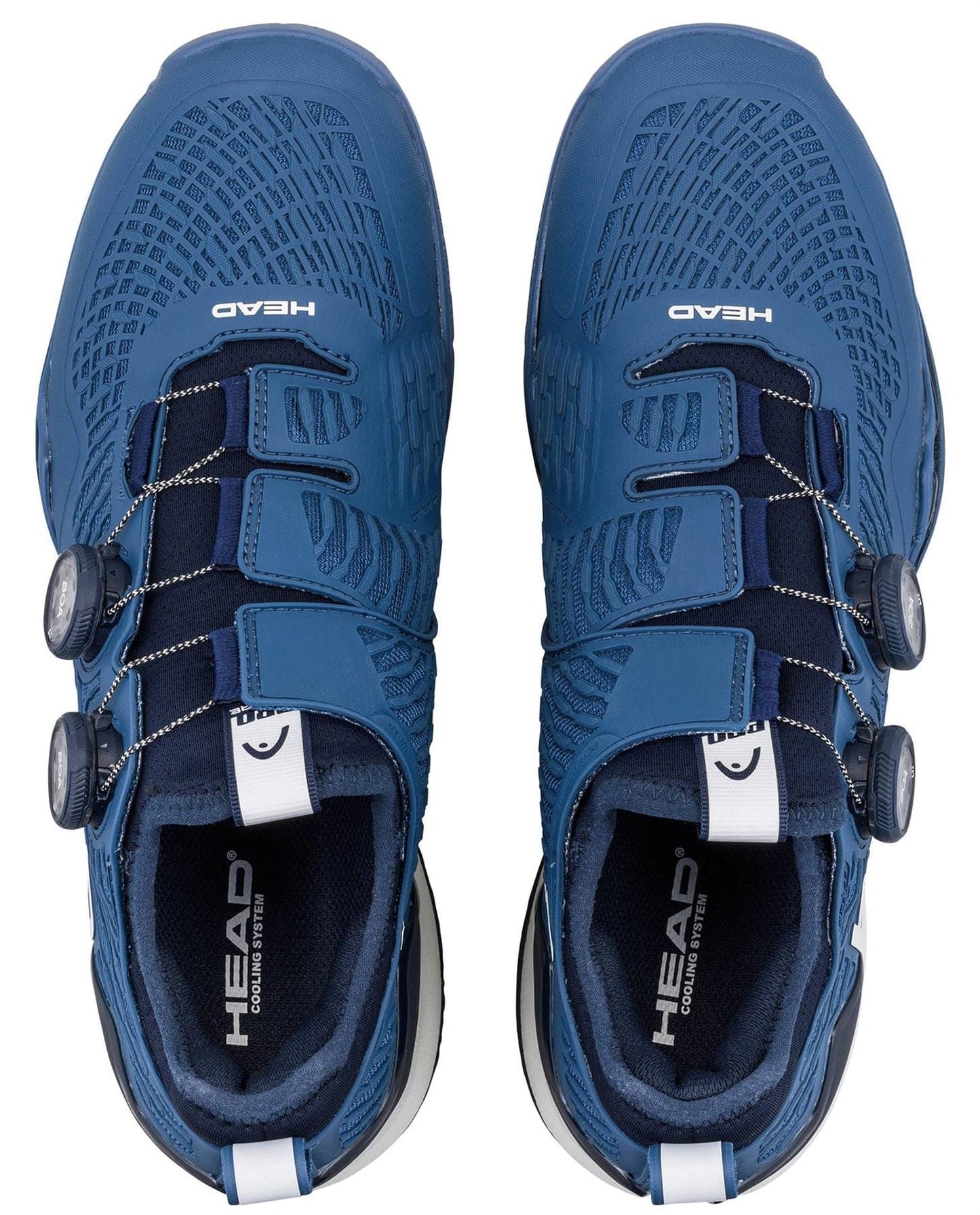 The HEAD Endure Pro BOA Men's Tennis Shoes in dark blue/navy feature textured uppers, three BOA dial closures per shoe, and black and white HEAD branding on the tongue and insole, shown from an overhead view.