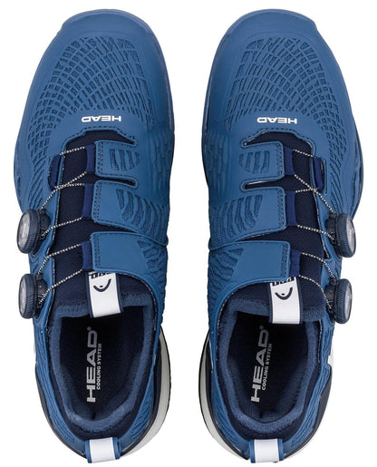 The HEAD Endure Pro BOA Men's Tennis Shoes in dark blue/navy feature textured uppers, three BOA dial closures per shoe, and black and white HEAD branding on the tongue and insole, shown from an overhead view.