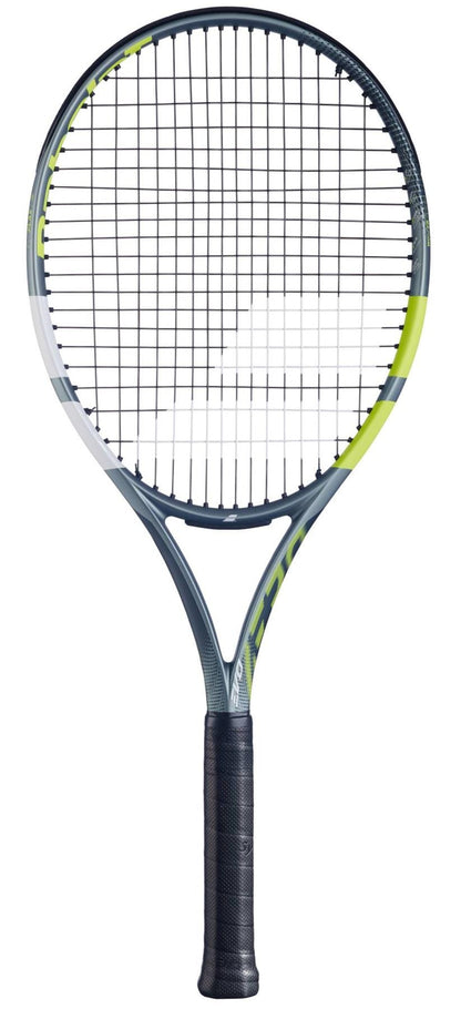 The Babolat Evo Aero 2026 Tennis Racket features a sleek black and neon yellow frame with black strings and grip, displayed upright on a white background—perfect for intermediate to advanced players.