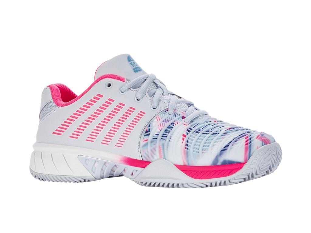 Introducing the K-Swiss Express Light 3 HB Indoor Court Women's Tennis Shoes—an eye-catching pair with a white base enhanced by vibrant Arctic and Neon Pink abstract patterns. Designed for tennis players, it features Neon Pink accents on the inner lining and side stripes. The sole, crafted for superior traction, showcases gray and white hues to boost your performance on the court.