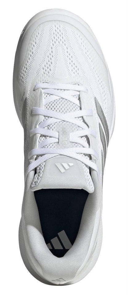 Pictured from above on a white background, the adidas ADIDAS Avacourt 3 Womens Tennis Shoes feature white mesh fabric, white laces, and black adidas logos on the side and insole.