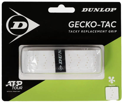 A Dunlop Gecko-Tac Replacement Tennis Grip in white, ideal for updating your tennis racket grip. Features Dunlop branding and ATP Tour logo on the packaging.