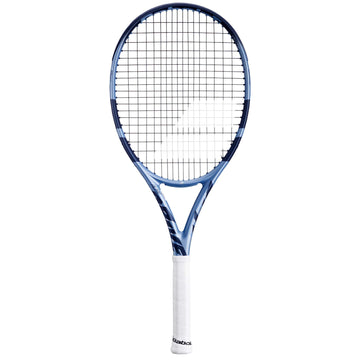The Babolat Pure Drive 107 2025 Tennis Racket, suitable for beginners and intermediates, boasts a dark blue frame with a white grip. Its grid-pattern strings feature the brand logo near the head and are displayed against a plain white background.