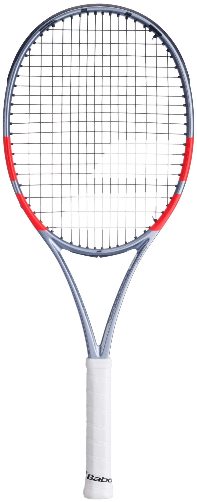 The Babolat Pure Strike 100 16X19 Gen4 Tennis Racket by Babolat features a white grip, silver-gray frame, and red side accents on the head, pictured against a white background.