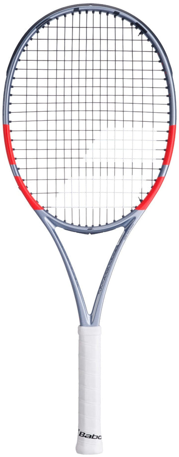 The Babolat Pure Strike 100 16X19 Gen4 Tennis Racket by Babolat features a white grip, silver-gray frame, and red side accents on the head, pictured against a white background.