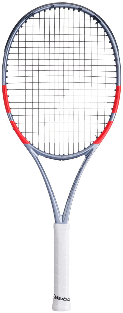 The Babolat Pure Strike 100 16X19 Gen4 Tennis Racket by Babolat features a white grip, silver-gray frame, and red side accents on the head, pictured against a white background.