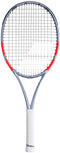 The Babolat Pure Strike 100 16X19 Gen4 Tennis Racket by Babolat features a white grip, silver-gray frame, and red side accents on the head, pictured against a white background.