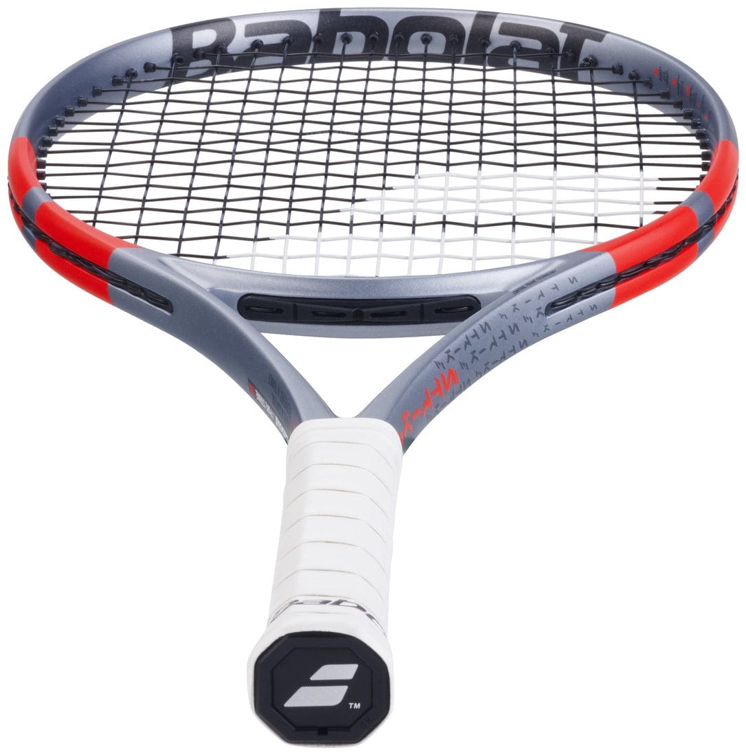 A Babolat Pure Strike 100 16X19 Gen4 Tennis Racket by Babolat is shown with a grey and red frame, black strings, and a white grip, displayed handle-up.