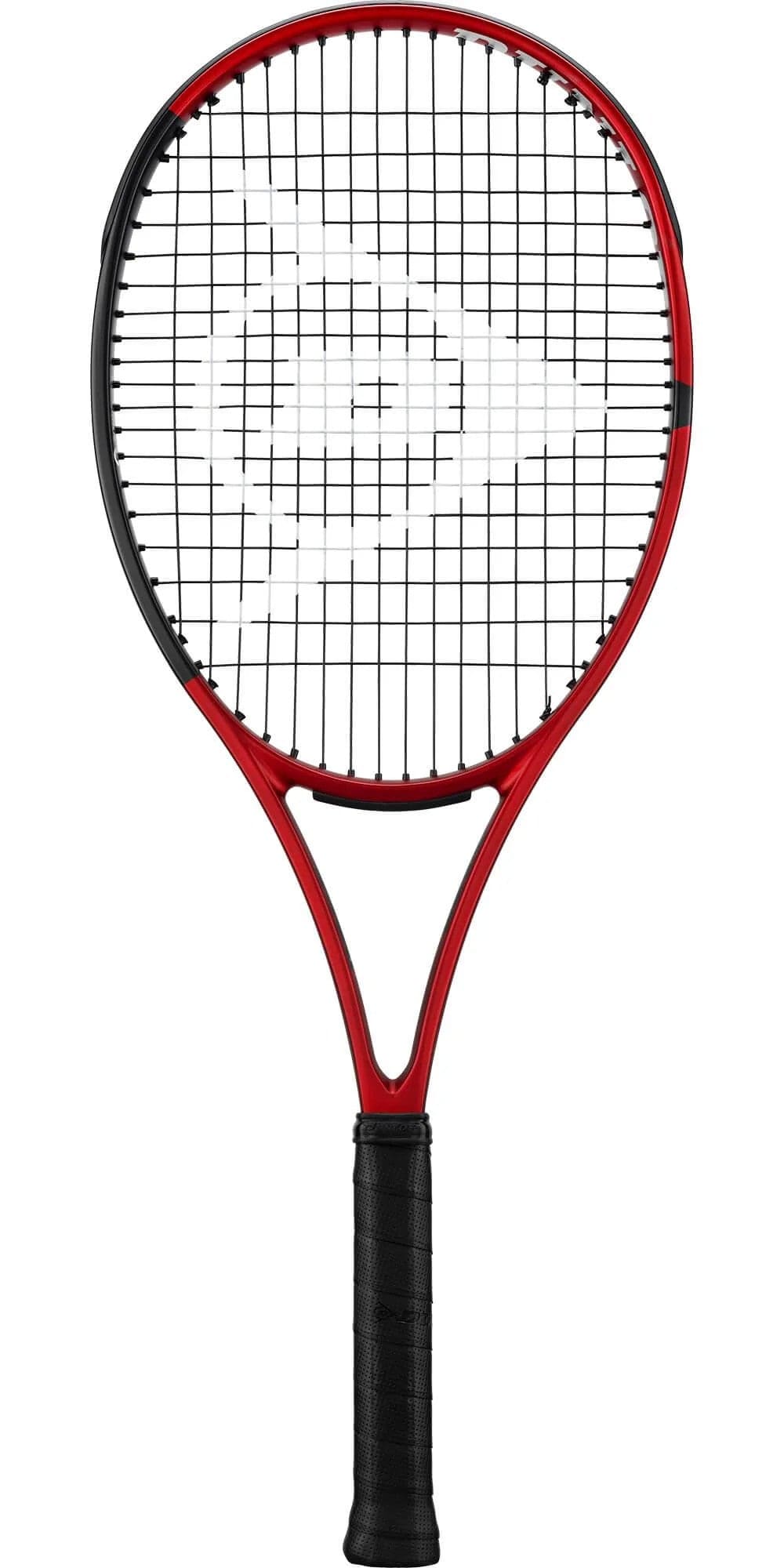 The Dunlop CX200 Tour 16x19 310g Tennis Racket showcases an eye-catching red design with a distinctive black handle. The strings form an open 16x19 crisscross pattern, complemented by a black inner frame that enhances the racket's compact head.