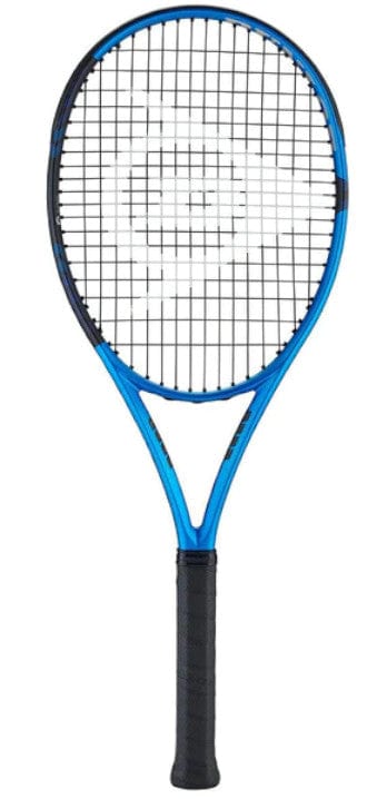 The Dunlop FX Team 285g Tennis Racket (Strung) by Dunlop features a blue and black design with a black grip, crafted for powerful gameplay. It includes an oval frame strung with a grid of strings, making it ideal for intermediate to advanced players.