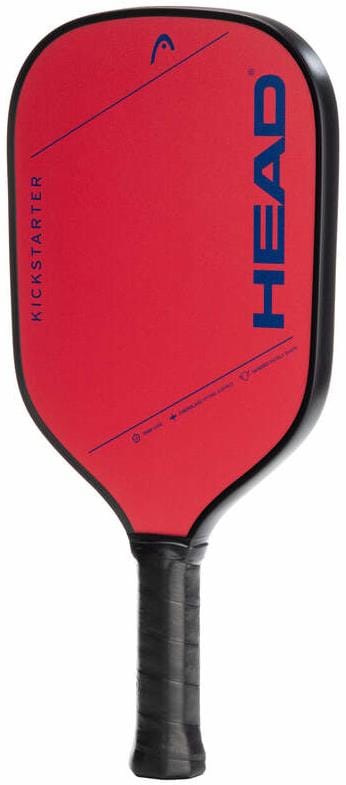 The HEAD Kickstarter Red Pickleball Paddle by HEAD features a black edge and handle, blue text and branding on the face, and is ideal for beginners looking to start playing pickleball.