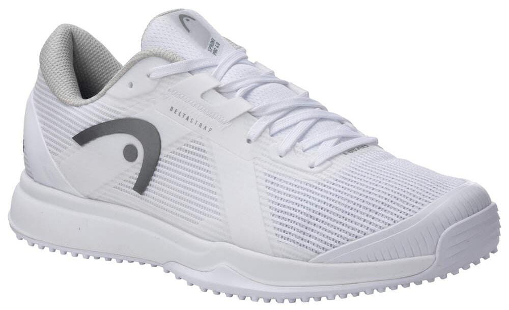 The HEAD Sprint Pro 4.0 Mens Grass Court Tennis Shoes in White/Grey feature a breathable mesh upper, Ortholite® Insole, white laces, textured rubber sole, and gray logo—perfect for grass court performance and comfort.
