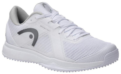 The HEAD Sprint Pro 4.0 Mens Grass Court Tennis Shoes in White/Grey feature a breathable mesh upper, Ortholite® Insole, white laces, textured rubber sole, and gray logo—perfect for grass court performance and comfort.