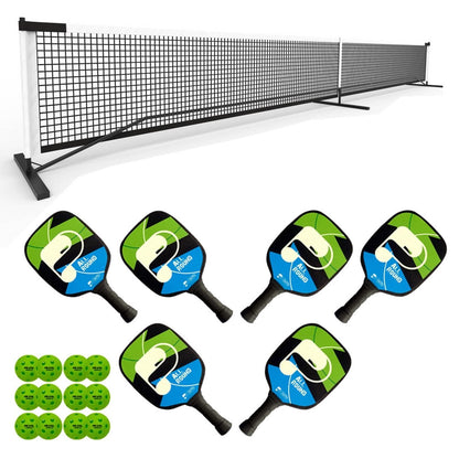 The Pickleball United Education 6 Player Indoor Pickleball Set by Pickleball United, featuring a portable net, six paddles, and twelve indoor balls, is neatly arranged on a white background.