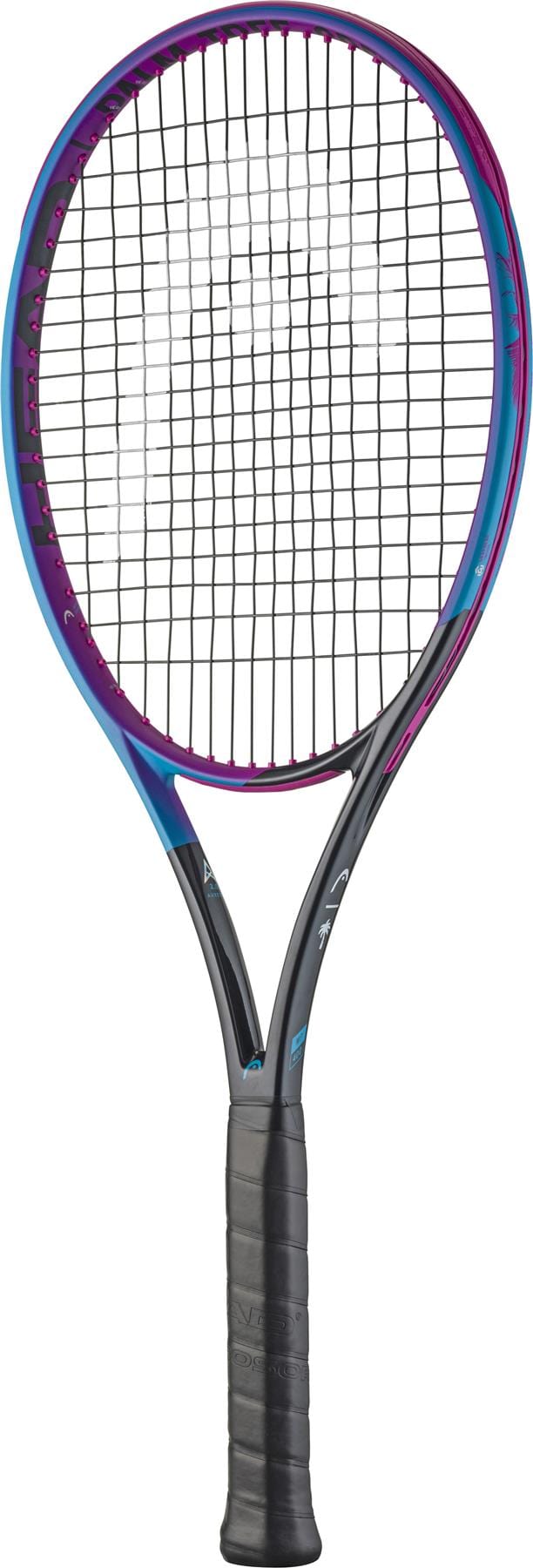 The HEAD Radical MP Palm Tree Crew Tennis Racket by HEAD features a black grip, pink/blue details, and black strings, shown against a white background.