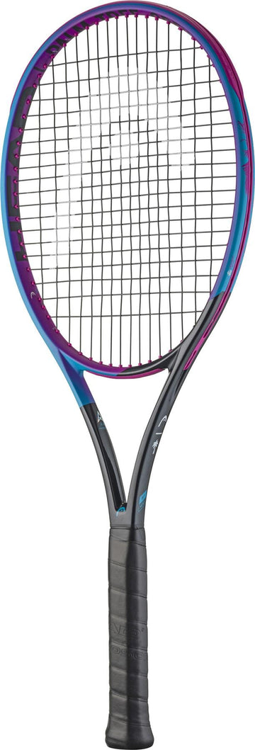 The HEAD Radical MP Palm Tree Crew 2025 Tennis Racket by HEAD features a black grip, black and purple frame, black strings, and DJ Kygo-inspired design, displayed on a white background.