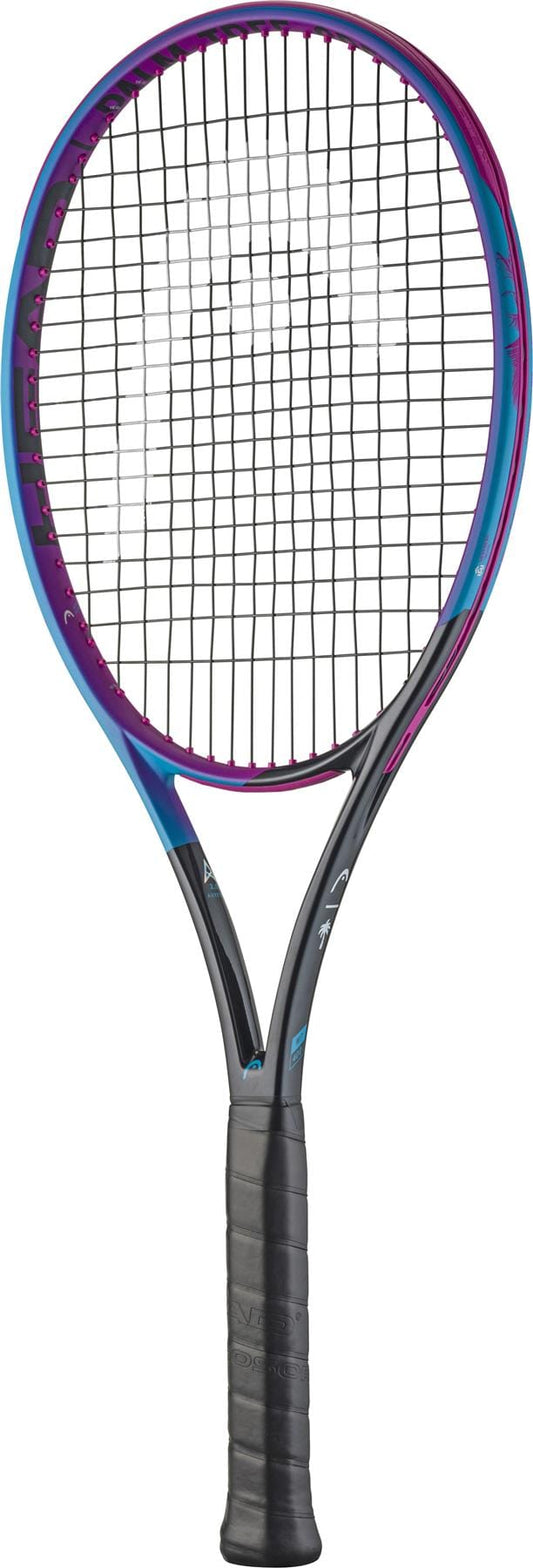 The HEAD Radical MP Palm Tree Crew Tennis Racket by HEAD features a black grip, pink/blue details, and black strings, shown against a white background.