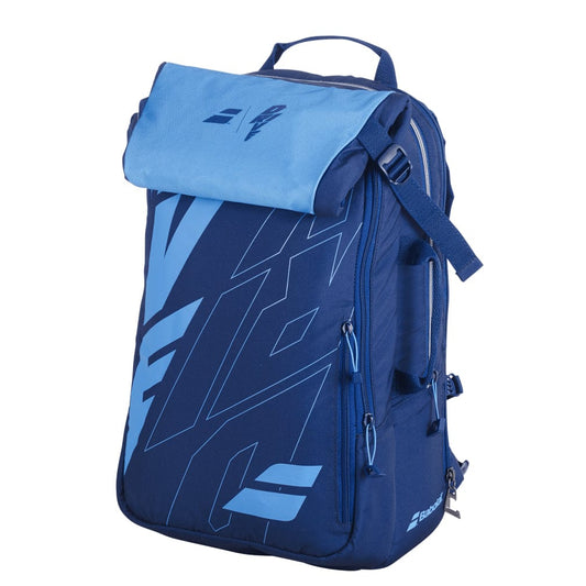 The Babolat Pure Drive Tennis Backpack - Blue from Babolat showcases a striking blue and light blue color scheme with a handy front flap, multiple zippers, and a convenient top handle. It includes bold graphics, side straps, and an isothermal insulated compartment to store tennis essentials, making it ideal for both sports activities and casual use.