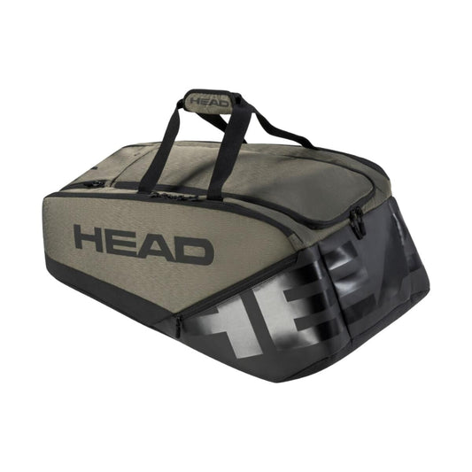 The HEAD Pro X Tennis Bag XL - TYBK in black and olive-green, emblazoned with the "HEAD" logo on the side, includes two durable black handles and a spacious zippered compartment. Its sophisticated design integrates CCT+ Climate Control Technology to keep your equipment well-protected.