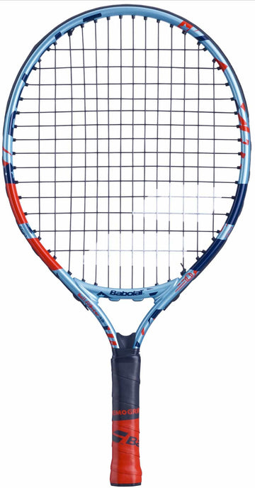 A Babolat BallFighter 17 Junior Tennis Racket in blue and red, featuring black strings and a wrapped handle, is ideal for embarking on your tennis journey. The brand name and logo are prominently displayed on the frame.