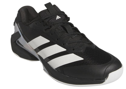 The adidas Adizero Ubersonic 5 Men's Tennis Shoes in black feature white stripes, black laces, a white sole, and an angular heel—shown angled on a white background—ideal for peak court performance.