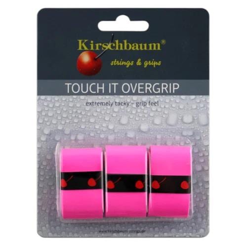 The packaging of the Kirschbaum Touch It Tennis Overgrip 3 Pack - Pink features three striking pink overgrips accented with black bands. It emphasizes their "extremely tacky - grip feel" and excellent absorption, with water droplets adorning the design to highlight durability.