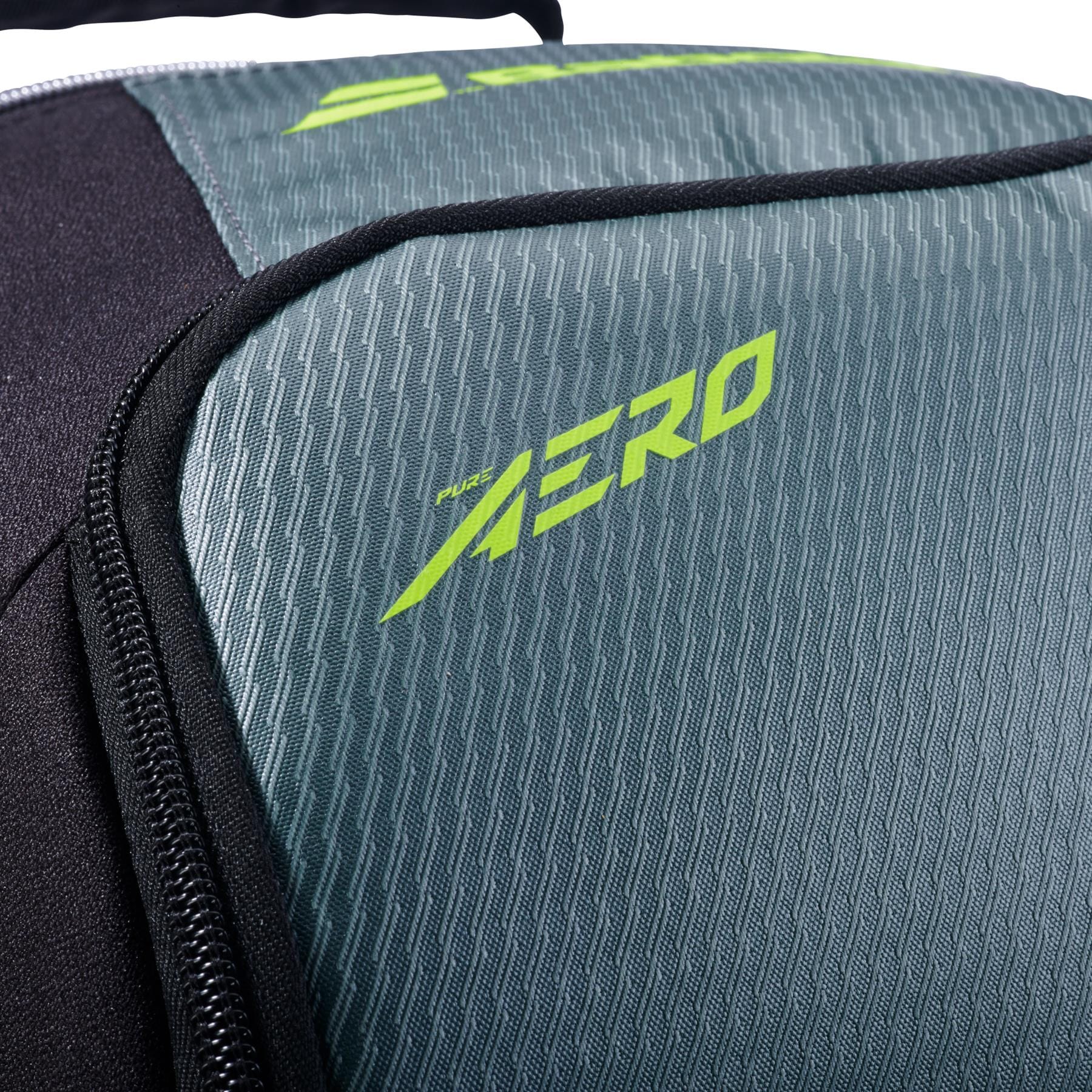 Close-up of the Babolat Pure Aero 2026 Tennis Backpack—Grey/Yellow by Babolat, showing its textured grey and black design, bright yellow “AERO” text, zip pocket, and special racket storage.