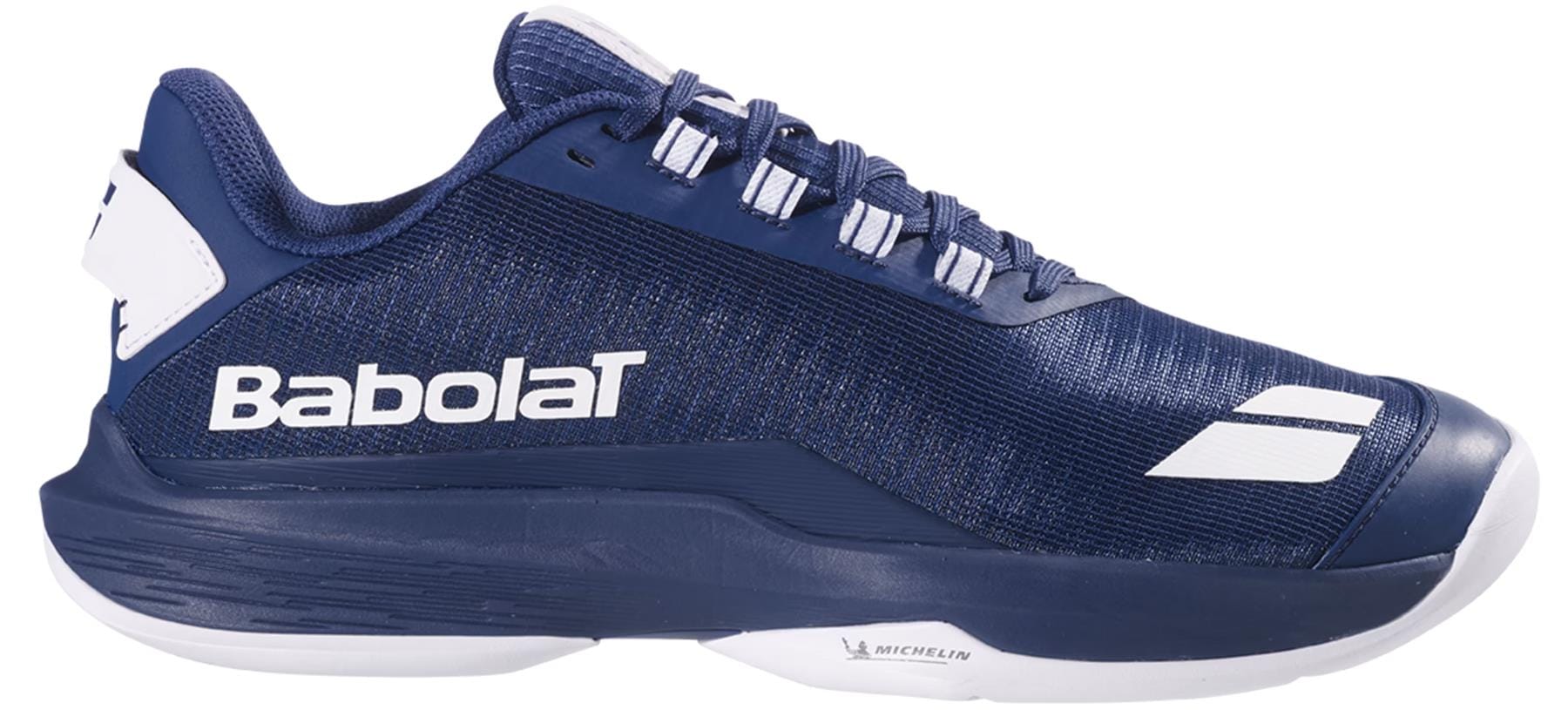 The Babolat Jet Tere 2 Premium All Court Men’s Tennis Shoes in dark blue feature a lightweight mesh upper, white accents, lace-up design, and "Michelin" branding on the sole.