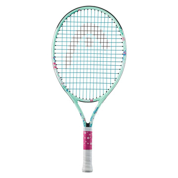 The HEAD Coco 23 Junior Tennis Racket - Mint comes with a mint-colored frame, complemented by a pink grip and adorned with simple floral patterns inspired by Coco Gauff. The strings showcase a delicate arrow motif pointing upwards on a plain white background.