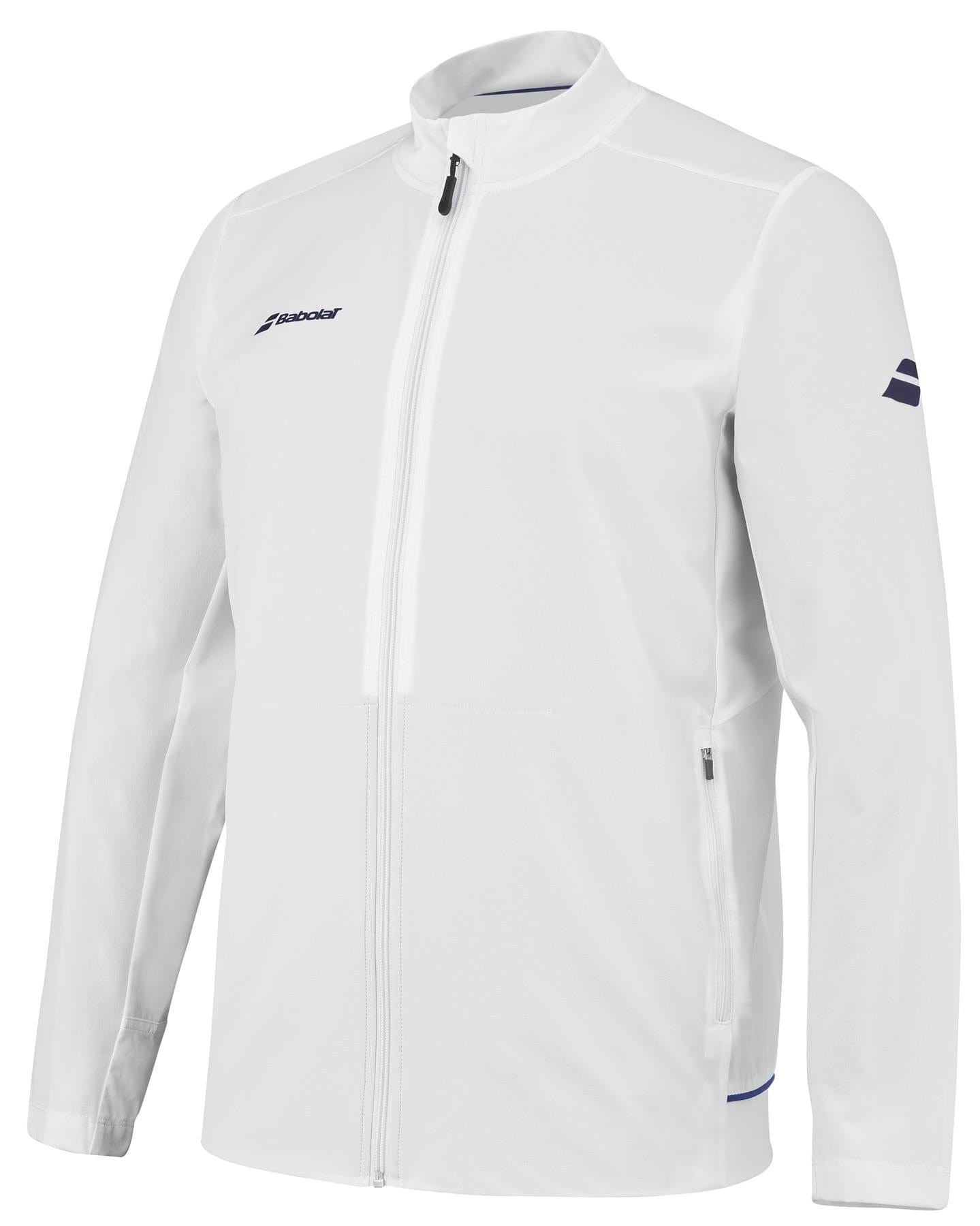 The Babolat Play Men's Tennis Jacket in white is designed with recycled polyester and features a high collar, two front pockets, and a subtle Babolat logo on the right chest and sleeve for an elegant look.