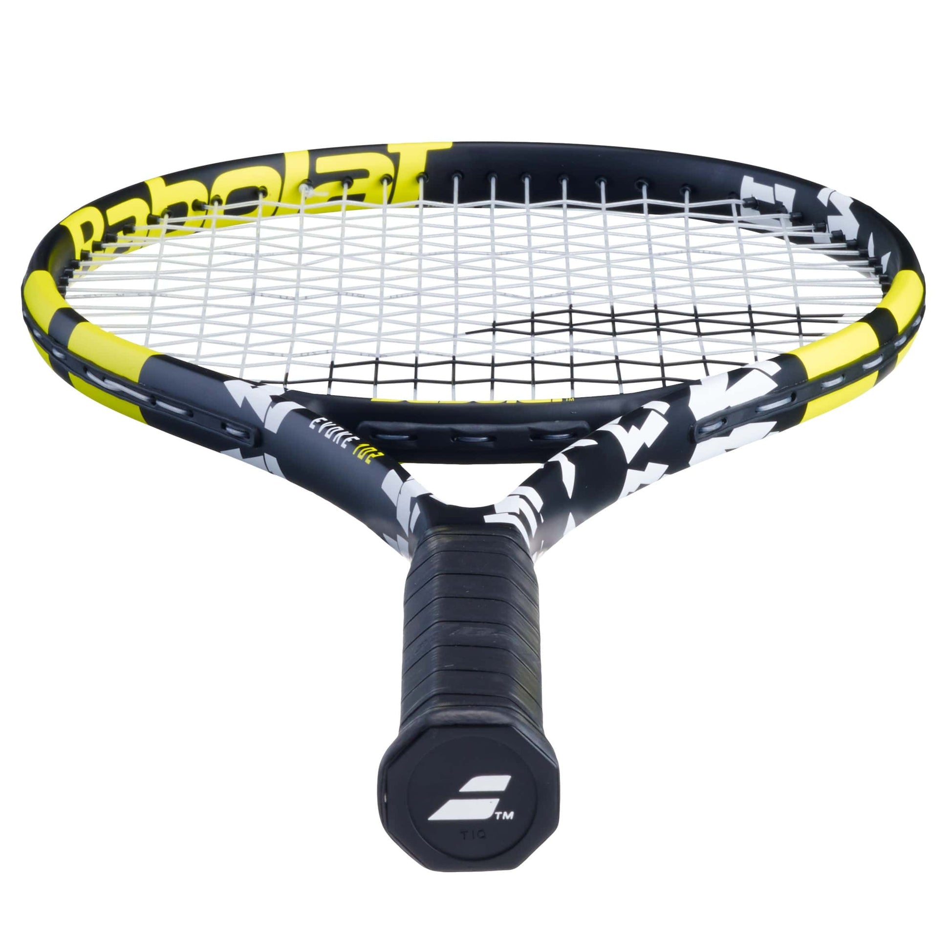 The Babolat Evoke 102 270g Tennis Racket (Strung), featuring a sleek black and yellow design with patterns on both the frame and strings, is ideal for beginners. Its black handle includes a logo on the butt cap, while the tightly strung strings provide optimal performance. The racket is displayed upright with confidence.