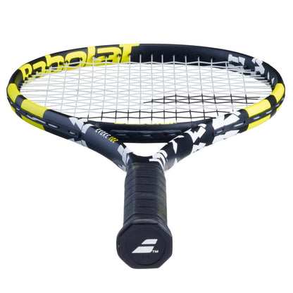 The Babolat Evoke 102 270g Tennis Racket (Strung), featuring a sleek black and yellow design with patterns on both the frame and strings, is ideal for beginners. Its black handle includes a logo on the butt cap, while the tightly strung strings provide optimal performance. The racket is displayed upright with confidence.
