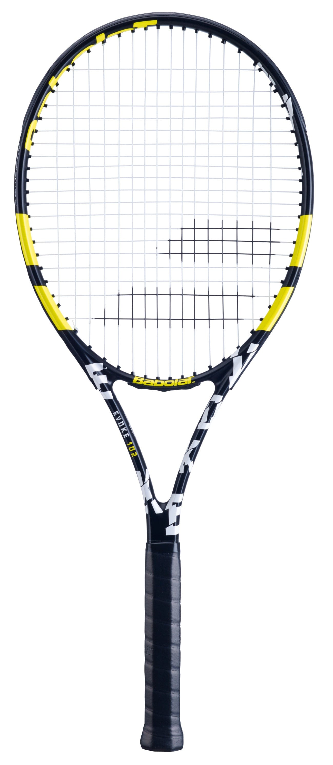 The Babolat Evoke 102 270g Tennis Racket (Strung) is a yellow and black tennis racket ideal for beginners, showcasing a sleek white string pattern and a comfortable black grip handle. The Babolat brand name elegantly adorns the frame, enhancing its stylish design.