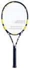 The Babolat Evoke 102 270g Tennis Racket (Strung) is a yellow and black tennis racket ideal for beginners, showcasing a sleek white string pattern and a comfortable black grip handle. The Babolat brand name elegantly adorns the frame, enhancing its stylish design.