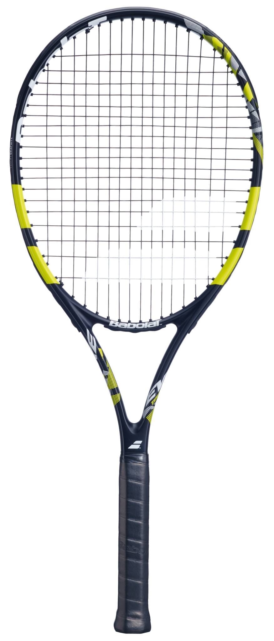 The Babolat Evoke Tour 2026 Tennis Racket, in black and yellow with a tightly strung net and black grip, is shown against a white background.