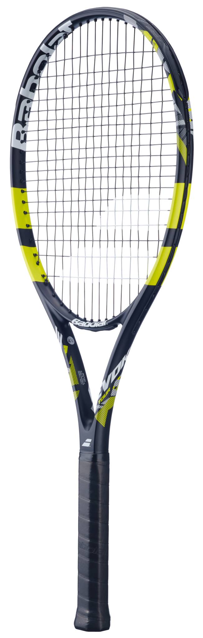 A black and yellow Babolat Evoke Tour 2026 Tennis Racket with a black grip and white strings is displayed upright against a white background.